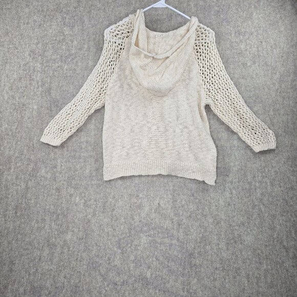 Forever 21 Womens Beige Knit Pullover Hoodie Medium Open-Weave Crochet Sleeves - Picture 2 of 7
